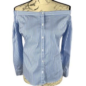 Express Women’s Off-The-Shoulder Blue and White Button Down Striped Top